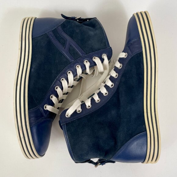 Women's Hogan Rebel R182 High Top Sneakers, Navy Blue Leather/Suede, Size 39 - Picture 1 of 14